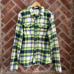 Abercrombie & Fitch Flannel Shirt Mens M Green Plaid Muscle Fit Button Up Pocket